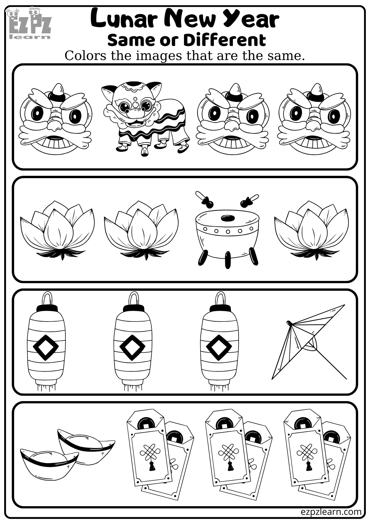 Lunar Chinese New Year and Tet Same or Different Coloring Activity for Kids